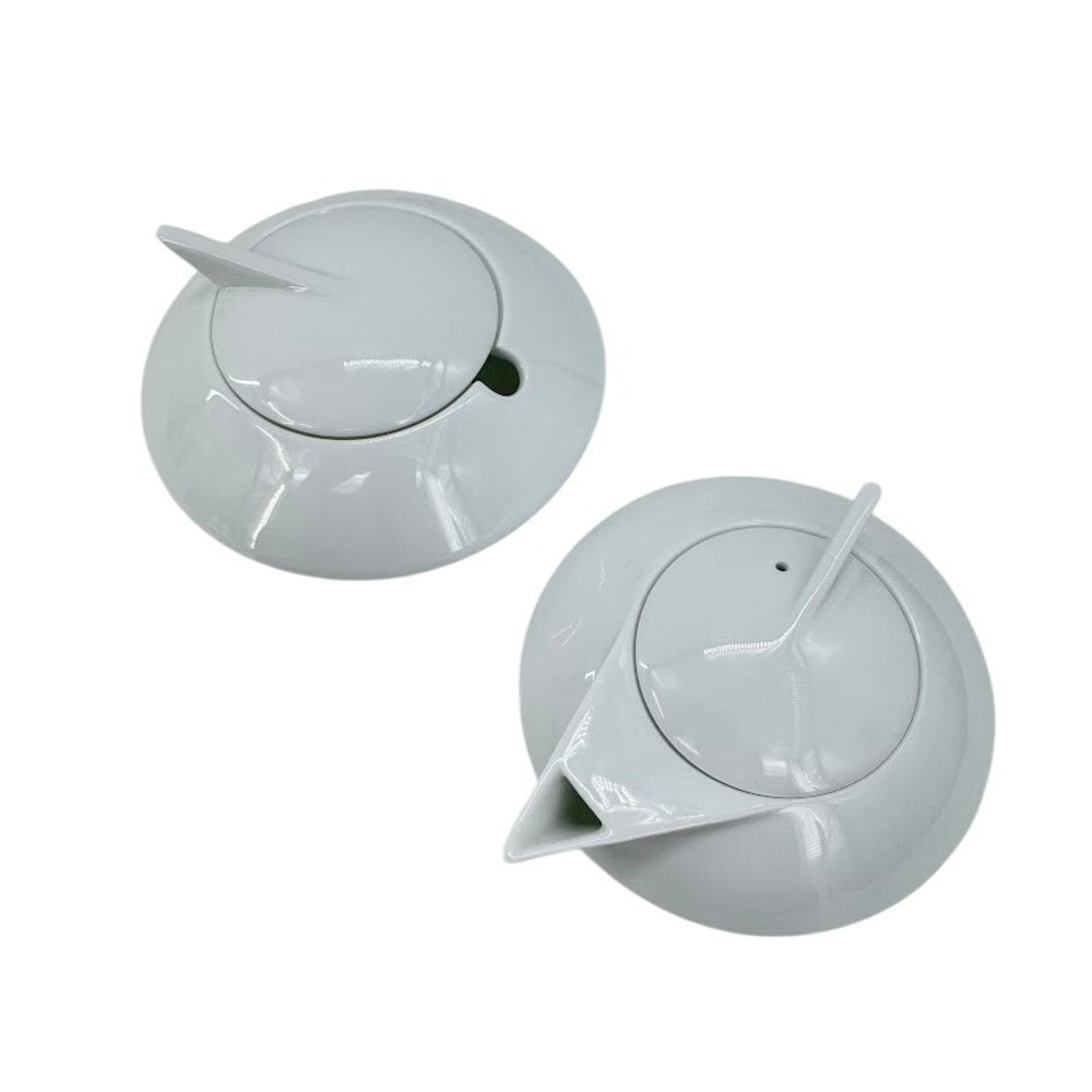 Tempo by Ranmaru UFO Modernist White Ceramic Creamer Sugar Bowl Set MCM Japan